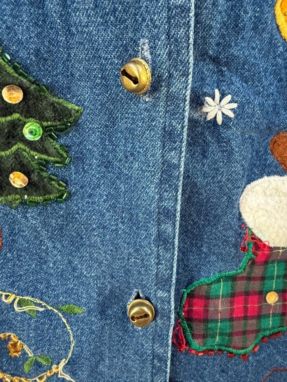 Vintage Tantrums Christmas Denim Jacket Teddy Bear Tree Ornament Plaid Appliqué - Picture 4 of 7